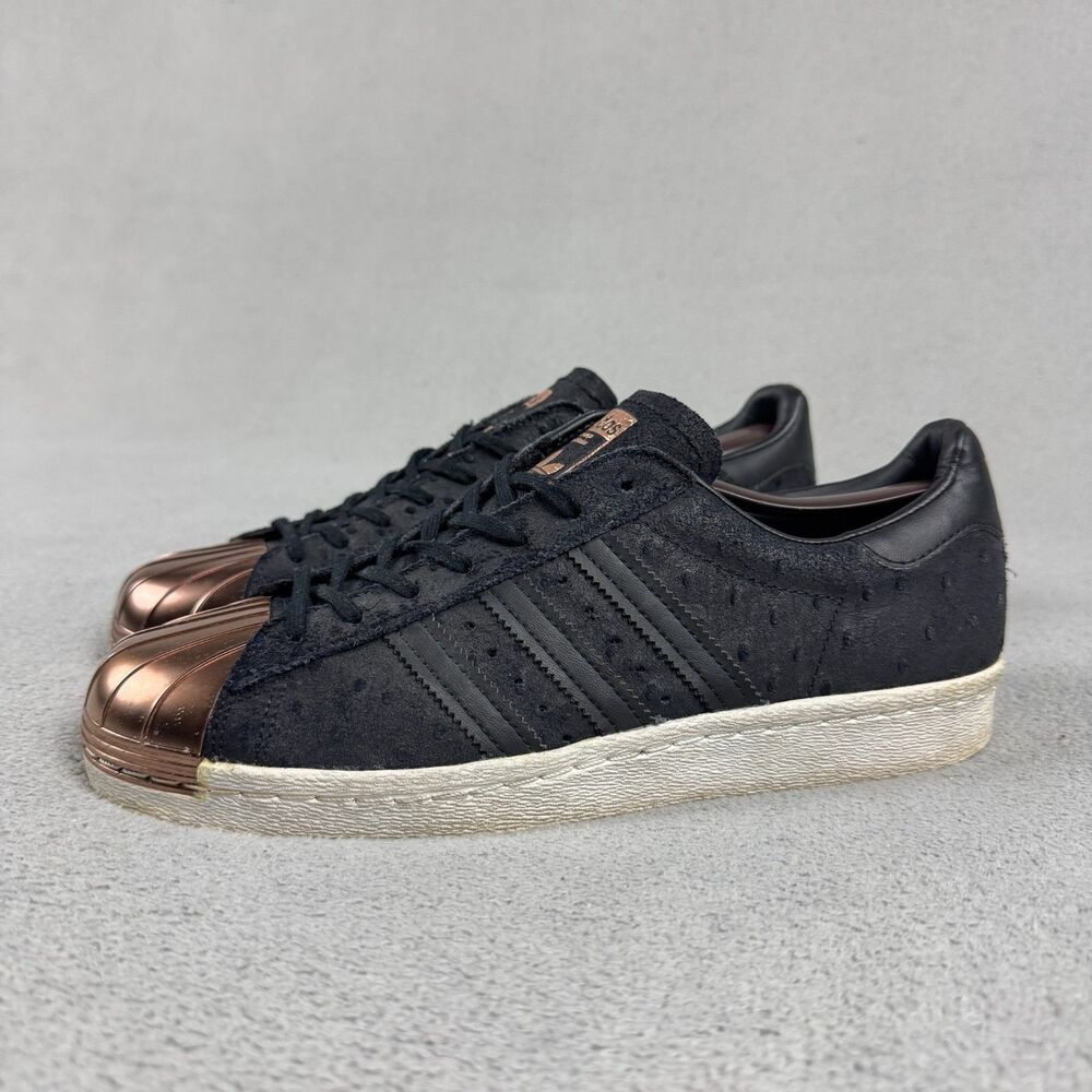Women's 9 adidas Originals Superstar 80s Metal Gold Shell Black Suede ostrich